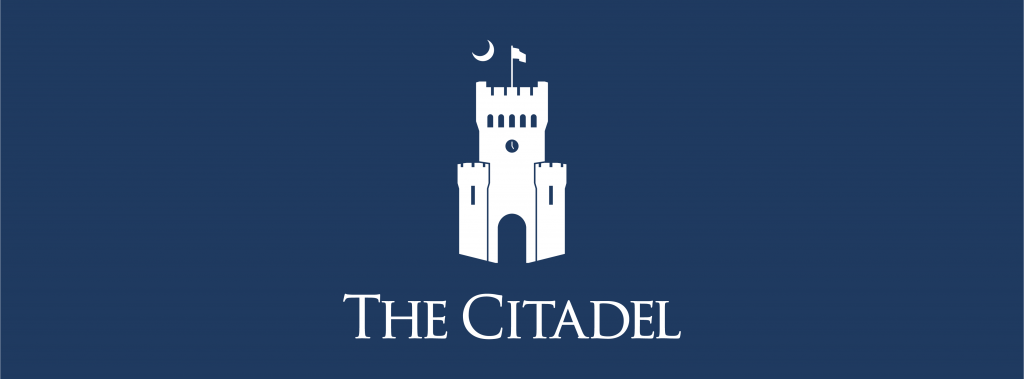 The Citadel stacked signature in white on a navy background.