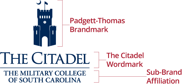 Diagram identifying the components of The Citadel logo: Padgett-Thomas brandmark, The Citadel wordmark and sub-brand affiliation.
