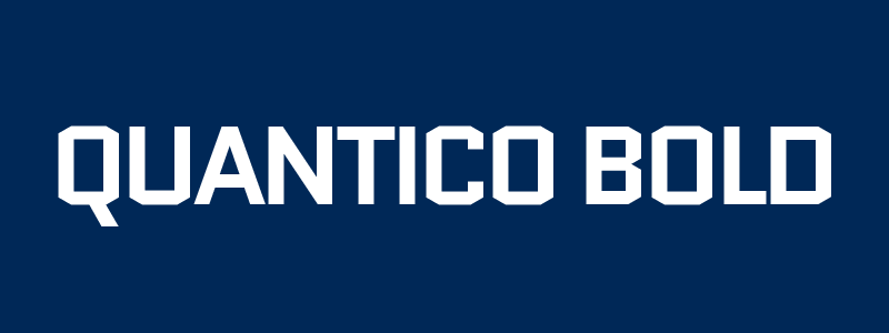Quantico Bold typeface displayed in white on a navy blue background.