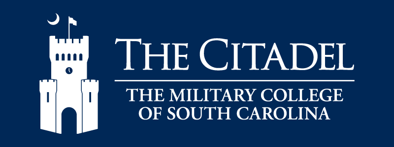 The Citadel tower brandmark with The Citadel wordmark and &ldquo;The Military College of South Carolina&rdquo; in white on a navy blue background.