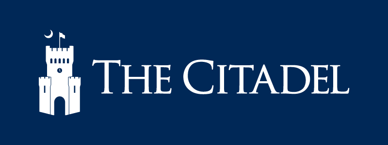 The Citadel tower brandmark beside The Citadel wordmark in white on a navy blue background.