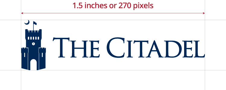 Diagram showing the minimum size of The Citadel signature as 1.5 inches or 270 pixels wide.