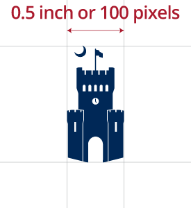 Diagram showing the minimum size of The Citadel tower brandmark as 0.5 inch or 100 pixels wide.